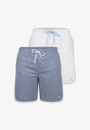 Kaks paari vabaaja lühikesi pükse: üks hall valge äärisega ja teine valge helesinise paelaga. Valmistatud pehmest ja hingavast kangast.