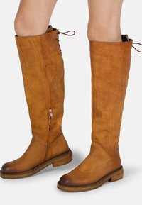 Bottes en cuir marron haute jusqu'au genou avec une texture lisse, dotées d'une fermeture éclair sur le côté et de détails de lacets en haut. Talons en bois robustes.