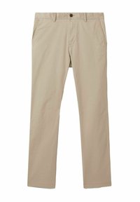 Chinos en coton beige avec une coupe droite, dotés d'une fermeture à un bouton, de quatre poches et d'une texture lisse.