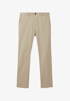 Beige puuvillachinohousut suoranlahkeisella muotoilulla, joissa on yksittäinen nappikiinnitys, neljä taskua ja sileä pinta.