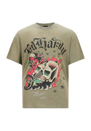 Olive green cotton t-shirt with a round neck, short sleeves, and a front graphic of a skull, flames, and stars in vibrant colors.