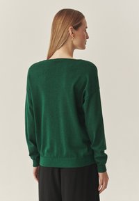 Zaļš, ar garām piedurknēm džemperis ar brīvu piegriezumu un ribotu apakšu. Mīksta tekstūra, smalka spīduma un plašs kakla izgriezums. Vienkāršs dizains bez rotājumiem.