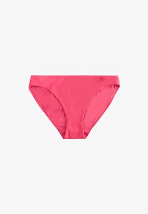 Kiinteän kirkkaan pinkki naisten bikinihousu klassisella matalavyötäröisellä leikkauksella ja sileällä kankaalla, esitetty valkoisella taustalla.