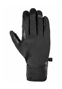 Black gloves made of a soft, textured material, featuring a leather palm, stitched detailing, and a hook-and-loop closure for a secure fit.