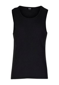 Schwarzes, ärmelloses, geripptes Tanktop mit Rundhalsausschnitt; weiche Textur mit figurbetonter Form; keine sichtbaren Muster oder Akzente.