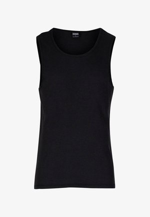 Czarny bezrękawnik z prążkowanej tkaniny, okrągły dekolt; miękka tekstura z dopasowanym kształtem; brak widocznych wzorów lub akcentów.