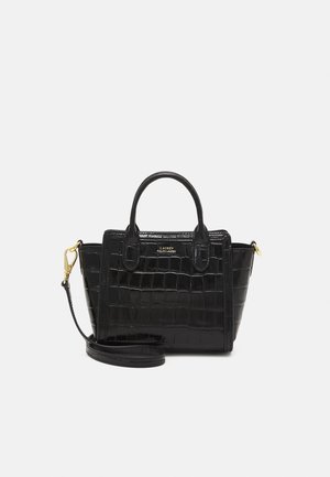 Czarna torebka z tłoczonej skóry krokodyla z podwójnymi uchwytami, odpinanym paskiem na ramię i złotym wykończeniem marki Lauren Ralph Lauren.