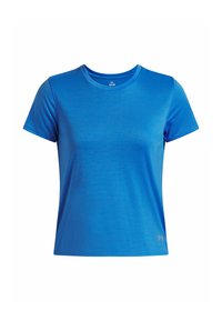 Blauwe sportieve t-shirt gemaakt van een lichtgewicht, gestructureerde stof. Heeft een ronde halslijn en korte mouwen, met een subtiel logo aan de onderzijde.