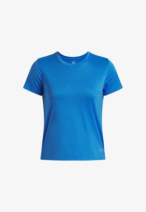 Camiseta atlética azul hecha de un tejido ligero y texturizado. Presenta un escote redondo y mangas cortas, con un logo sutil en el lado inferior.