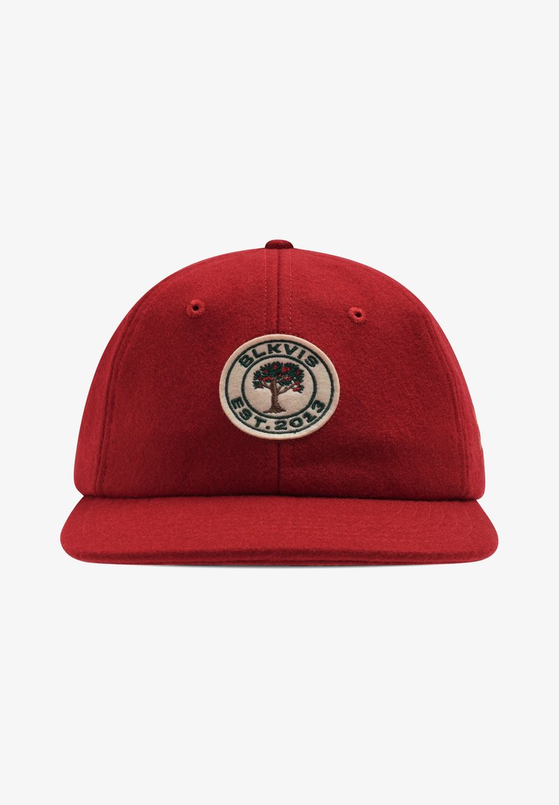 Casquette de baseball rouge avec un patch rond montrant un arbre et le texte "BLKVIS EST. 2013" au centre avant.
