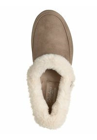 Beige pantoffel met een zachte, witte faux fur voering. Rond gevormd met een gladde, suede-achtige buitenkant. Beschikt over een merk inlegzool.