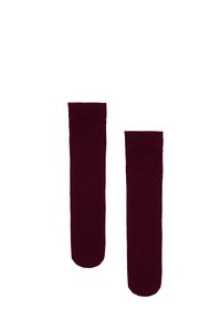Calze a gamba alta bordeaux con un motivo a spina di pesce testurizzato, caratterizzate da un girocollo liscio e un design senza cuciture nella punta.