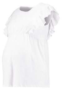 Top de maternidade branco com decote redondo, corpo texturizado e mangas com folhos. Tecido suave com uma cintura elástica para conforto.