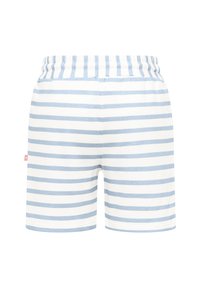 Katoenen shorts met een horizontaal blauw-wit gestreept patroon, voorzien van een elastische tailleband en een klein merklabel aan de zijkant.