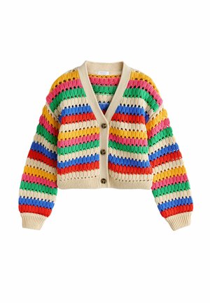 Cropped knitted cardigan with button front, featuring horizontal stripes in yellow, pink, green, blue, red, and beige.
