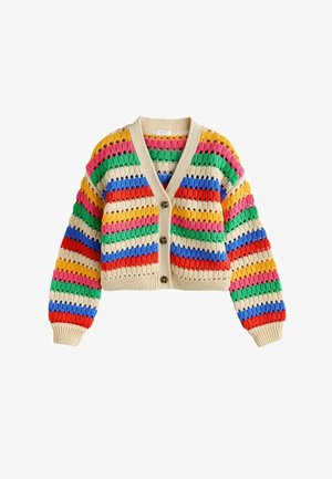 Cardigan tricotat scurt, cu nasturi în față, având dungi orizontale în galben, roz, verde, albastru, roșu și bej.