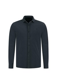 Donkerblauwe button-up shirt met lange mouwen, een standaard kraag, een enkel borstlogo, en een gestructureerde stof. Het heeft een rechte snit en knoopmanchetten.