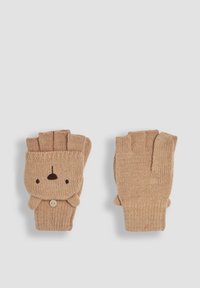 Pletene brezprstne rokavice v bež barvi z zasnovo obraza rjavega medveda, ki vključujejo gumbasti okras in teksturiran pleten vzorec.