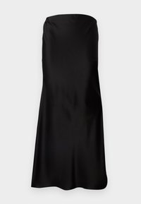 Μαύρο μίντι φόρεμα χωρίς τιράντες από απαλό σατέν ύφασμα με εφαρμοστό μπούστο και ροή φούστα, με ίσια λαιμόκοψη και απαλή υφή.