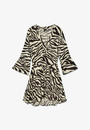 Vestido envolvente de estampado de cebra en crema y negro, con escote en V, mangas acampanadas, cinturilla con lazo y falda de volantes. Fabricado en tela ligera.