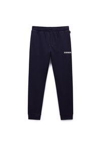 Granatowe spodnie dresowe z elastycznym pasem, sznurkami do regulacji, ściągaczami na dole oraz małym białym logo na górnej lewej części uda.