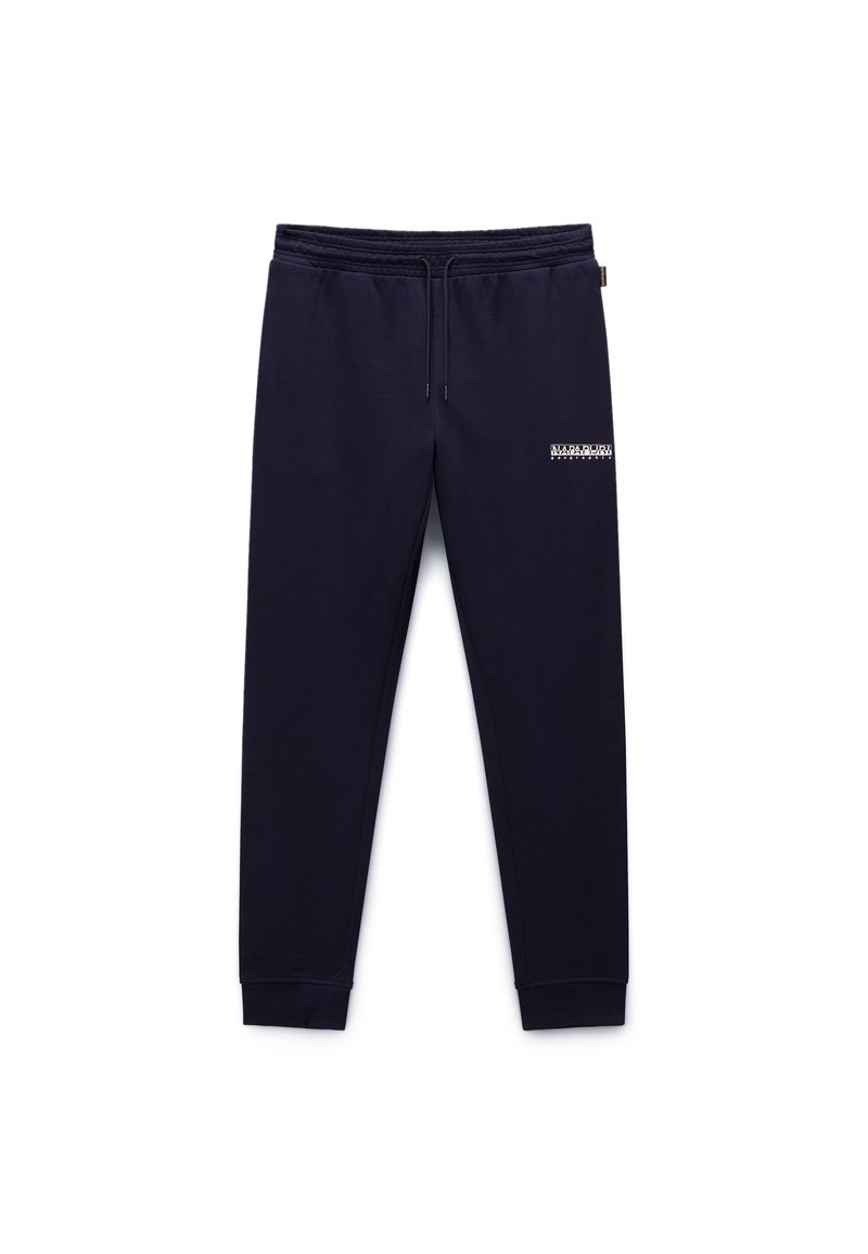 Granatowe spodnie dresowe z elastycznym pasem, sznurkami do regulacji, ściągaczami na dole oraz małym białym logo na górnej lewej części uda.