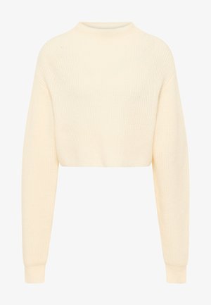 Afskåret sweater i lys creme, strikket struktur, lange ærmer, høj halsudskæring, ribbede manchetter og et enkelt, sømløst design.