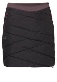 Sukně z černého materiálu s podšívkou, diagonálně prošívanými vzory, elastickým pasem a bočními kapsami na zip. Obsahuje růžové akcenty a detaily s logem.