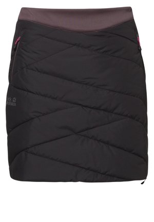 Jupe noire rembourrée avec un design matelassé diagonal, taille élastique et poches latérales zippées. Présente des accents roses et un détail de logo.