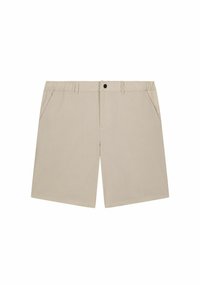 Pantaloni corti beige con frontale liscio, vita elastica, due tasche laterali e chiusura con un bottone. Tessuto morbido con taglio dritto.