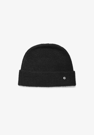 Beanie nero a coste con risvolto e una piccola etichetta in argento ai lati, realizzato in morbido materiale misto lana.