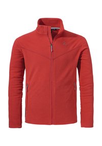 Rote Fleecejacke mit hohem Kragen, Reißverschluss und zwei seitlichen Taschen. Verfügt über ein dreieckiges graues Logo auf der Brust. Glatte Textur.