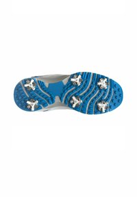 Scarpe con suola blu e grigia, dotate di sei tacchetti silver rimovibili, gomma testurizzata per la presa e scanalature a onda per la trazione.