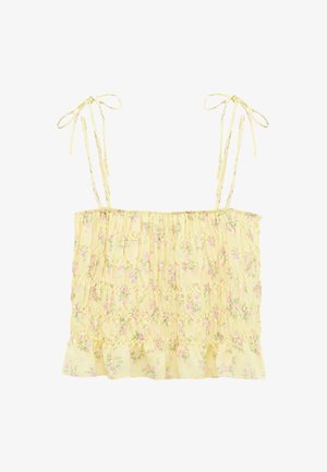 Geel bloemen-cami-top met verstelbare strikbandjes, geplooide smockdetail en gerimpelde zoom, met roze en groene bloempatronen.