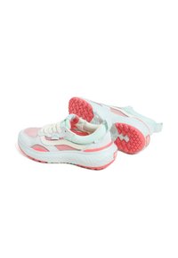 Light blue and white sneakers with pink accents, textured mesh upper, cushioned sole, and rubber tread. Design features pull tab at the heel.