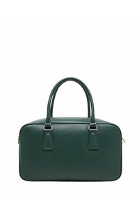 Borsa a mano rettangolare in pelle verde scuro con angoli arrotondati, due manici e dettagli in oro discreti su sfondo bianco.