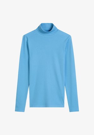 Hellblaues Turtleneck-Shirt mit langen Ärmeln, aus weichem, geripptem Stoff gefertigt. Figurbetonter Schnitt mit hohem Kragen und sauberen Säumen.