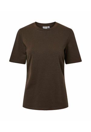 T-shirt marron à manches courtes avec col rond, design uni, présenté à plat sur fond blanc.