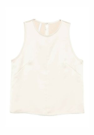 Blusa senza maniche color crema con scollo rotondo e chiusura con bottoni sul retro, realizzata in tessuto liscio, mostrata distesa su sfondo bianco.