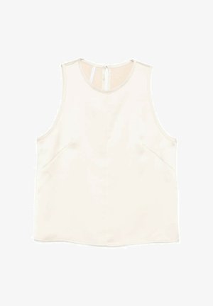 Blusa senza maniche color crema con scollo rotondo e chiusura con bottoni sul retro, realizzata in tessuto liscio, mostrata distesa su sfondo bianco.