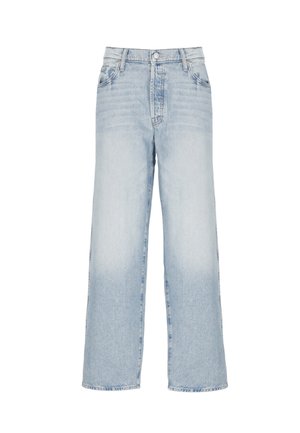 Jeans larghi azzurro chiaro con vita alta, chiusura con bottone e zip, tasche anteriori e dettagli leggermente scoloriti.