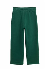 Pantalones de chándal verdes de media longitud, hechos de una tela suave, con una cinturilla elástica y un dobladillo simple, diseñados para la comodidad y facilidad de uso.