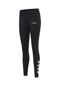 Black athletic leggings with high waistband, side pocket, white hummel logo on thigh, and white chevron stripes near ankle.