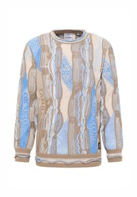 Gebreide trui in blauw en beige, met een gestructureerd patroon van verweven lijnen, kabelgebreide details en geribbelde manchetten en zoom.