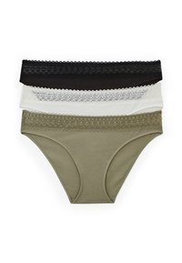 Lot de trois culottes en coton de couleur vert olive, blanc et noir. Présente une délicate dentelle le long des tailles. Texture douce.