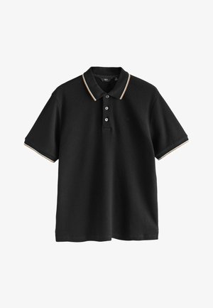 Schwarzes Poloshirt aus strukturierter Stoff, mit einer Knopfleiste mit drei Knöpfen, kontrastierendem gestreiften Kragen und kurzen Ärmeln.