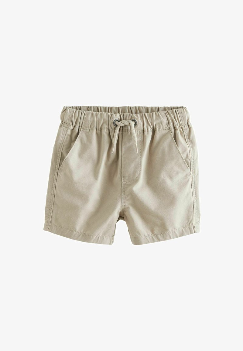 Shorts beiges avec une taille élastique et un cordon de serrage. Ils sont dotés de deux poches latérales et d'une texture lisse et légère.