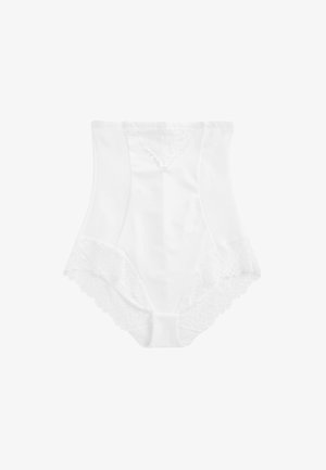 Bílé stahovací spodní prádlo s vysokým pasem s krajkovým lemem na otvorech nohavic a krajkovým panelem ve středu vpředu.