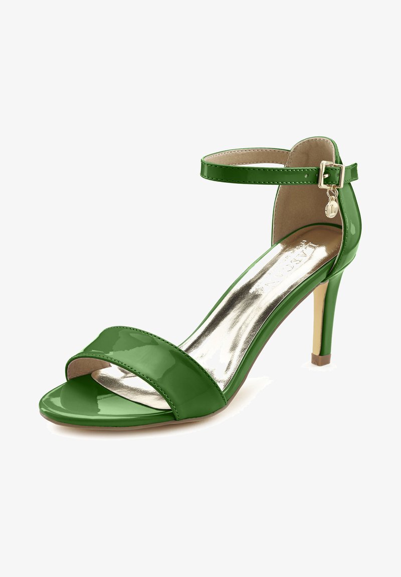 Grüne patentierte Lederpumps mit hohen Absätzen und einem Knöchelriemen, offener Zehenpartie und glänzender metallischer Innensohle. Verfügt über einen schmalen Riemen und einen Blockabsatz.