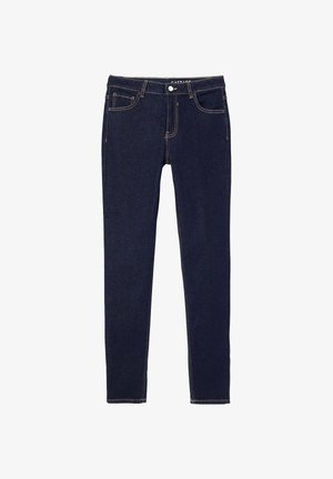 Jeans bleu marine slim avec cinq poches et coutures contrastées, fermeture à boutons et passants pour ceinture, présentés à plat sur un fond blanc.
